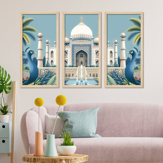 Beautiful View of Taj Mahal Classic Art Wooden Wall Frame Set of Three