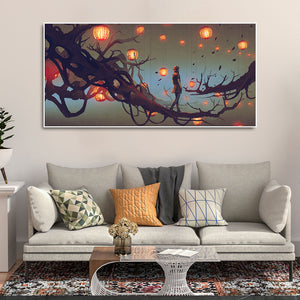 Beautiful Wall Painting of Man Walking on Tree with many Lanterns Background