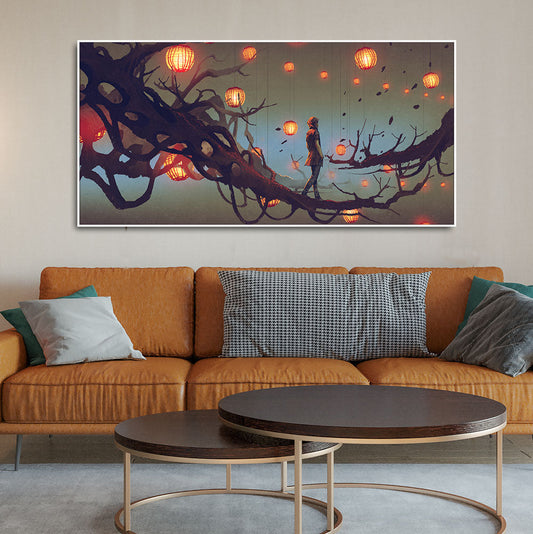 Beautiful Wall Painting of Man Walking on Tree with many Lanterns Background