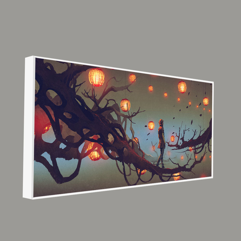 Beautiful Wall Painting of Man Walking on Tree with many Lanterns Background