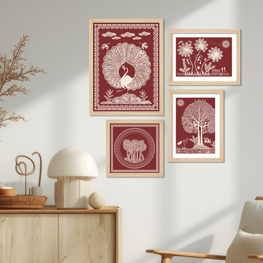 Beautiful Warli Art with Indian Rural Life Wall Frame Set of Four