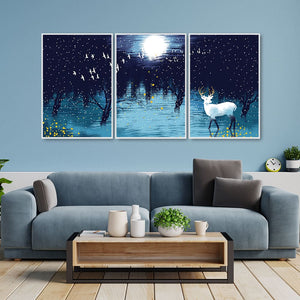 Beautiful White Deer in Full Moon Night Floating Canvas Wall Painting Set of Three