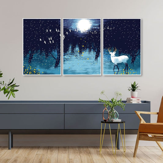 Beautiful White Deer in Full Moon Night Floating Canvas Wall Painting Set of Three