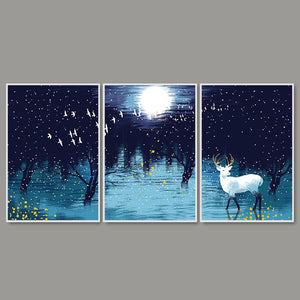 Beautiful White Deer in Full Moon Night Floating Canvas Wall Painting Set of Three