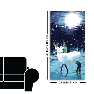 Beautiful White Deer in Full Moon Night Premium Canvas Wall Painting