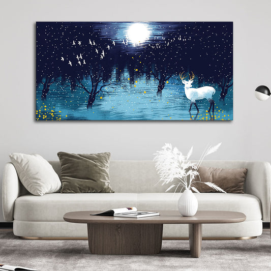 Beautiful White Deer in Full Moon Night Premium Wall Painting