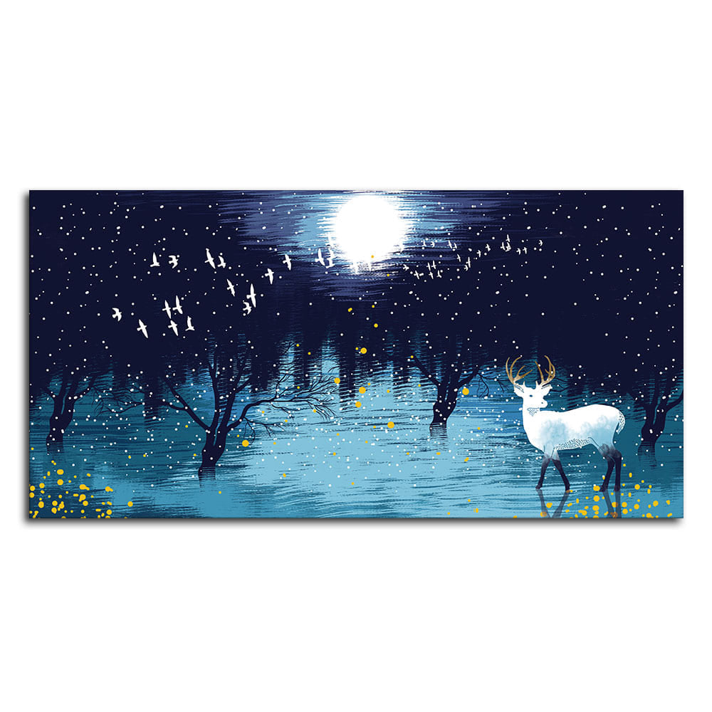 Beautiful White Deer in Full Moon Night Premium Wall Painting