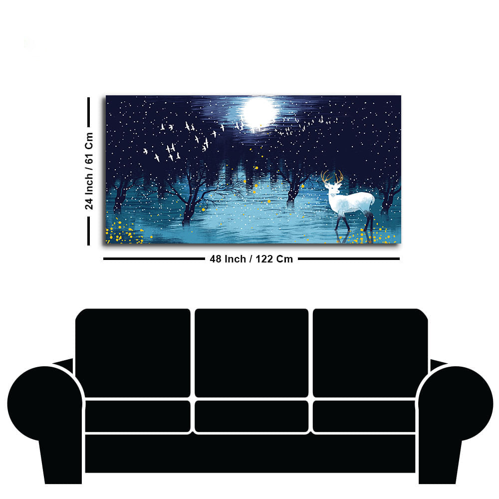 Beautiful White Deer in Full Moon Night Premium Wall Painting