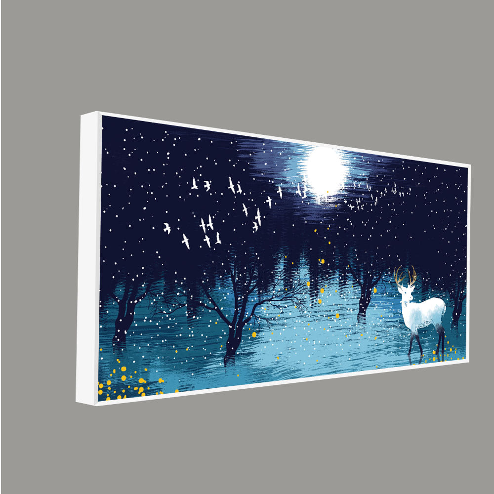 Beautiful White Deer in Full Moon Night Premium Wall Painting