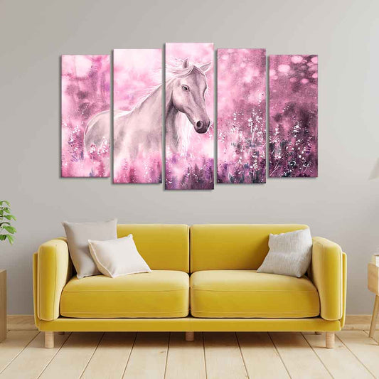 Beautiful White Horse Premium Wall Painting of Five Pieces