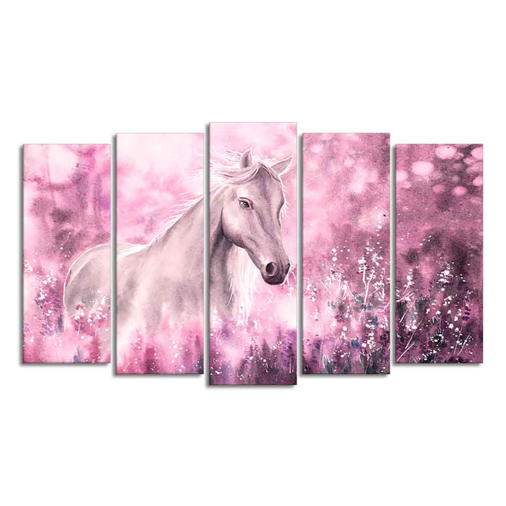 Beautiful White Horse Premium Wall Painting of Five Pieces