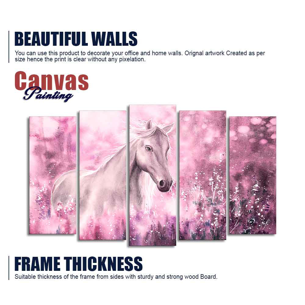 Beautiful White Horse Premium Wall Painting of Five Pieces