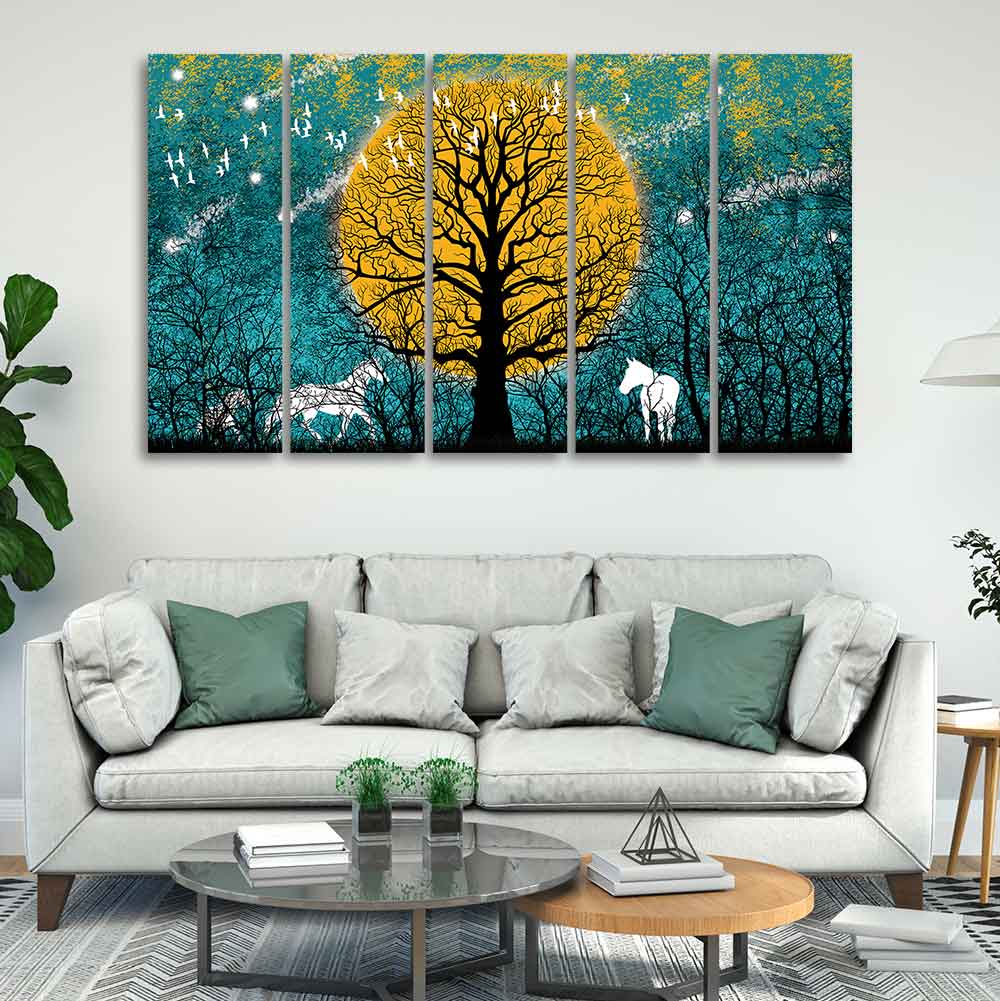 Beautiful White Horses in Forest Premium Wall Painting of Five Pieces