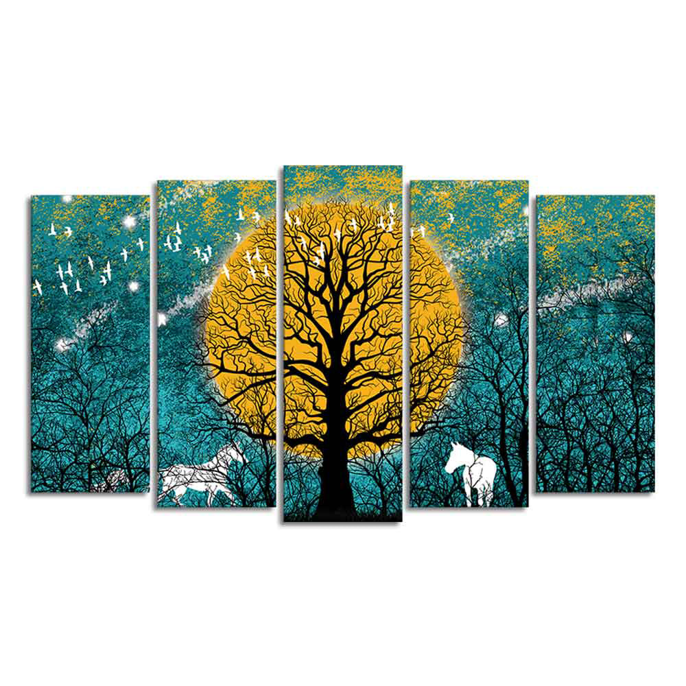 Beautiful White Horses in Forest Premium Wall Painting Set of Five Pieces