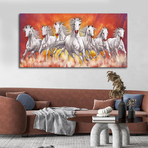 Beautiful White Seven Running Horse Premium Canvas Wall Painting