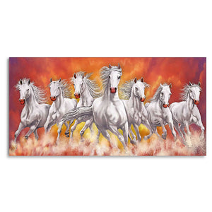 Beautiful White Seven Running Horse Premium Canvas Wall Painting