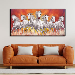 Beautiful White Seven Running Horse Premium Canvas Wall Painting