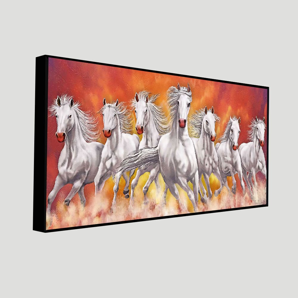 Beautiful White Seven Running Horse Premium Canvas Wall Painting