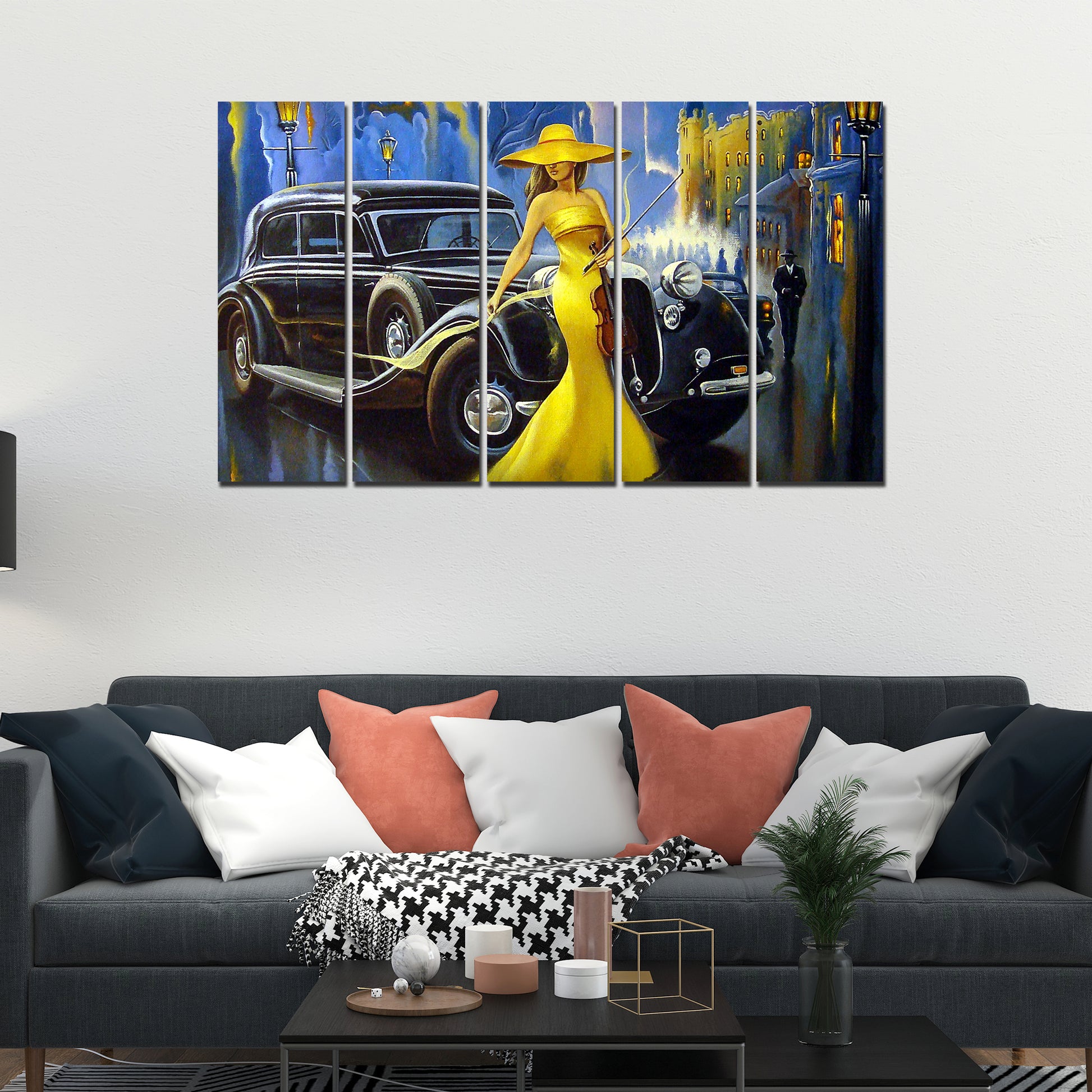 Beautiful Women with car Canvas Wall Painting 5 Pieces