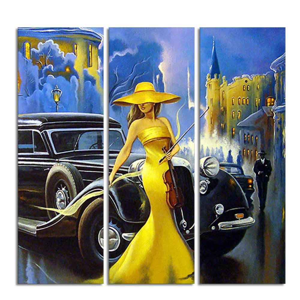 Beautiful Women with Car Panoramic 3 Pieces Wall Painting