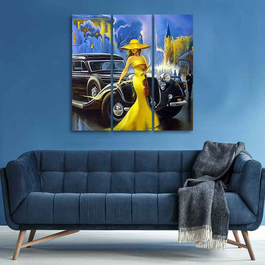 Beautiful Women with Car Panoramic 3 Pieces Wall Painting