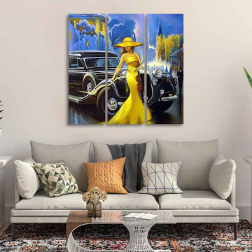 Beautiful Women with Car Panoramic 3 Pieces Wall Painting