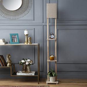 Beige Color Cotton Shade 3 Tier Shelf Storage Solid Wooden Floor Lamp