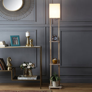 Beige Color Cotton Shade 3 Tier Shelf Storage Solid Wooden Floor Lamp