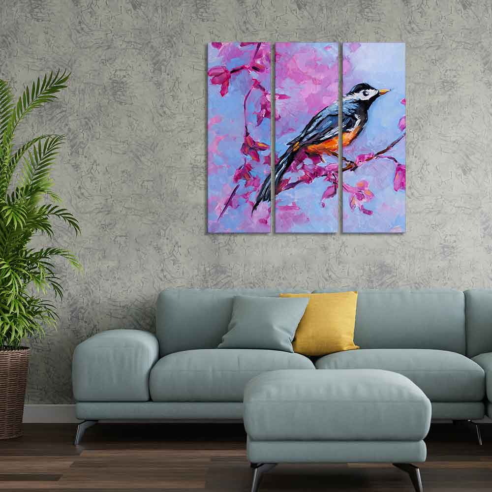 Bird with Nature Abstract design 3 Pieces Wall Painting