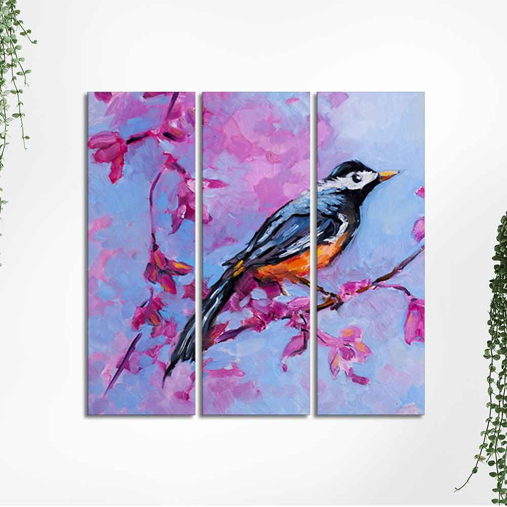 Bird with Nature Abstract design 3 Pieces Wall Painting