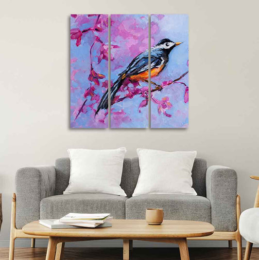 Bird with Nature Abstract design 3 Pieces Wall Painting