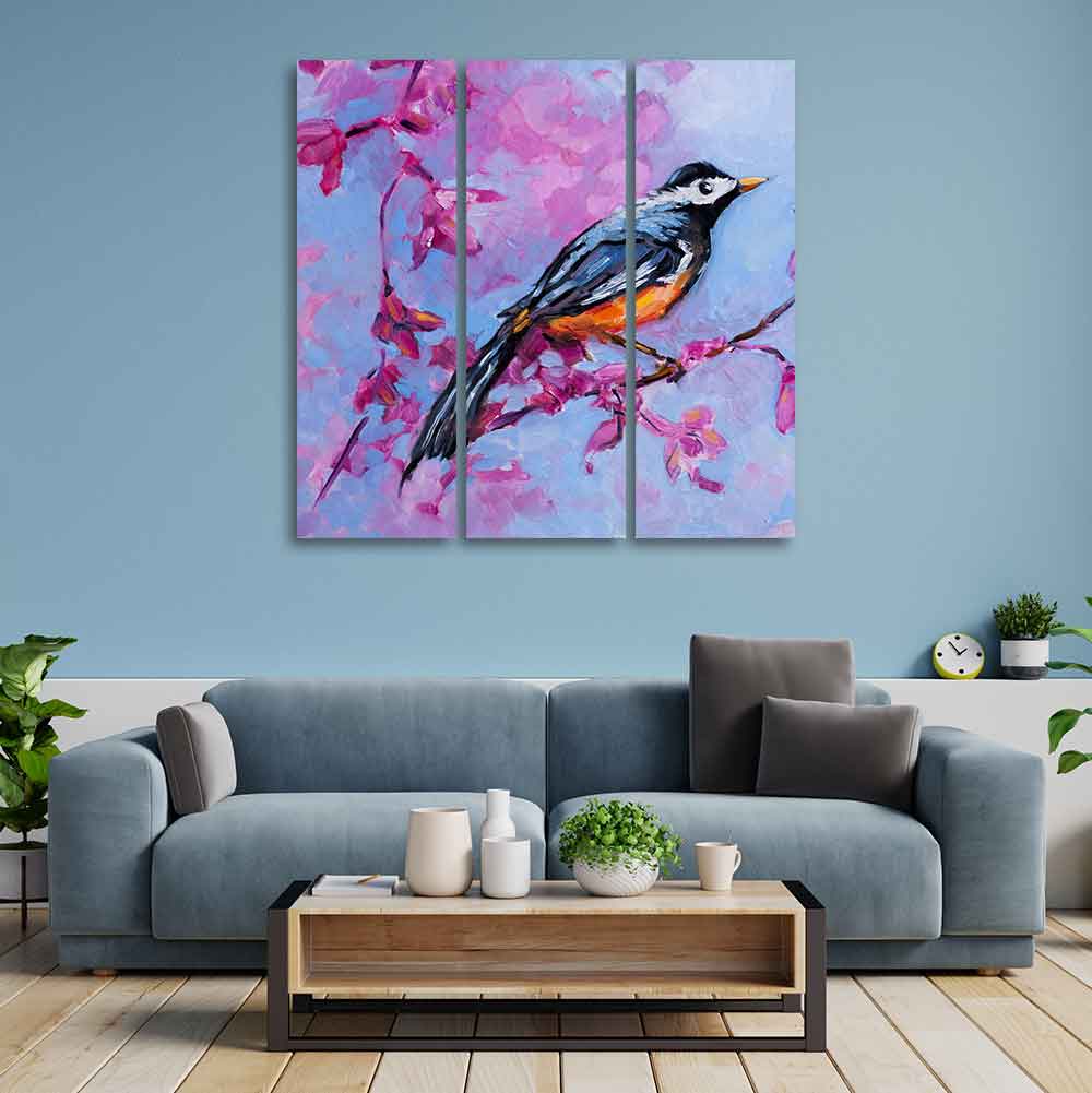 Bird with Nature Abstract design 3 Pieces Wall Painting