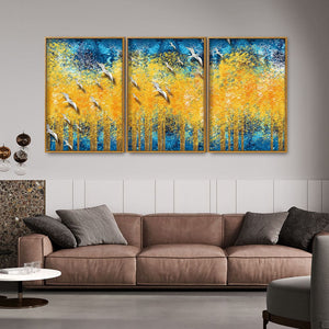 Birds Flying Over Golden Trees Forest Floating Canvas Wall Painting Set of Three