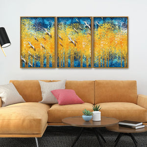 Birds Flying Over Golden Trees Forest Floating Canvas Wall Painting Set of Three