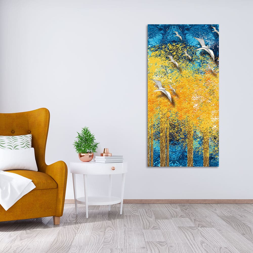 Birds Flying Over Golden Trees Forest Premium Canvas Wall Painting