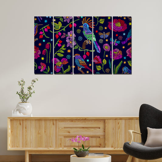 Birds, Flowers & Butterfly Canvas Wall Painting Set of Five