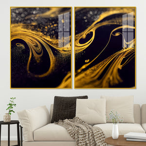 Black and Gold Swirling Acrylic Floating Wall Painting Set of 2