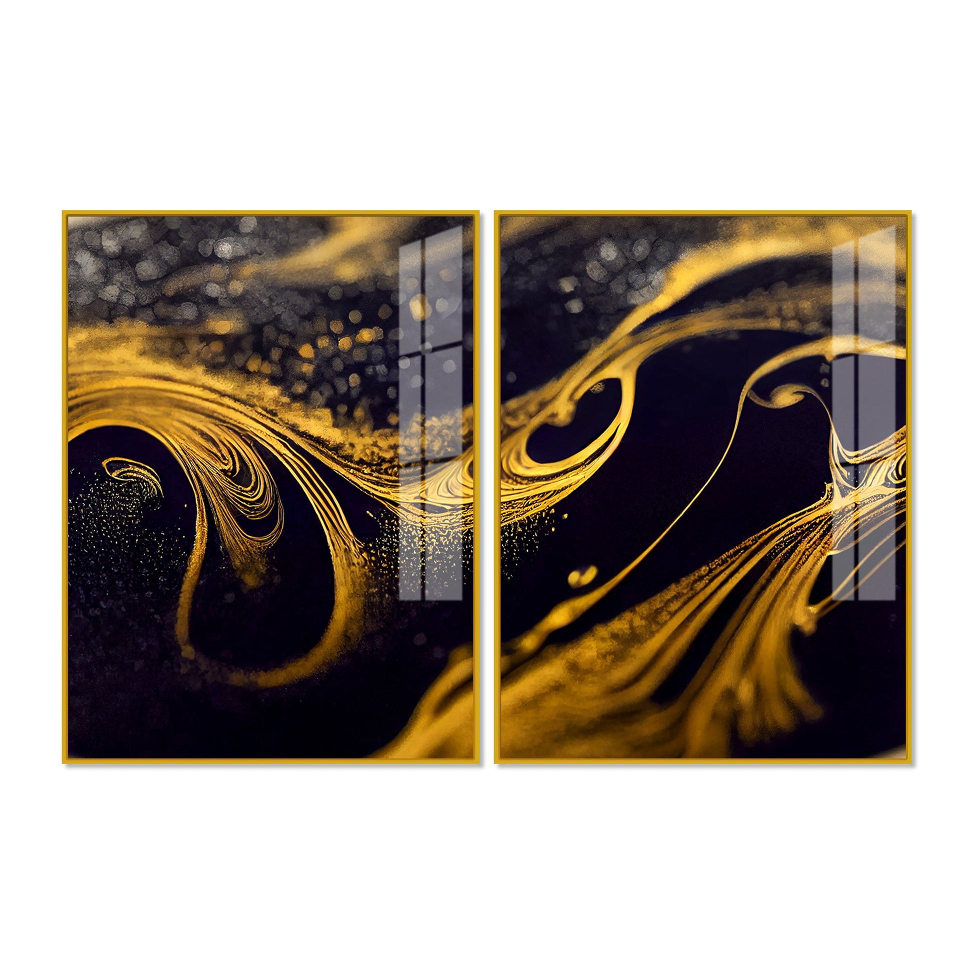 Black and Gold Swirling Acrylic Floating Wall Painting Set of 2