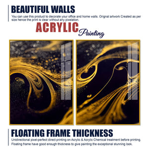 Black and Gold Swirling Acrylic Floating Wall Painting Set of 2