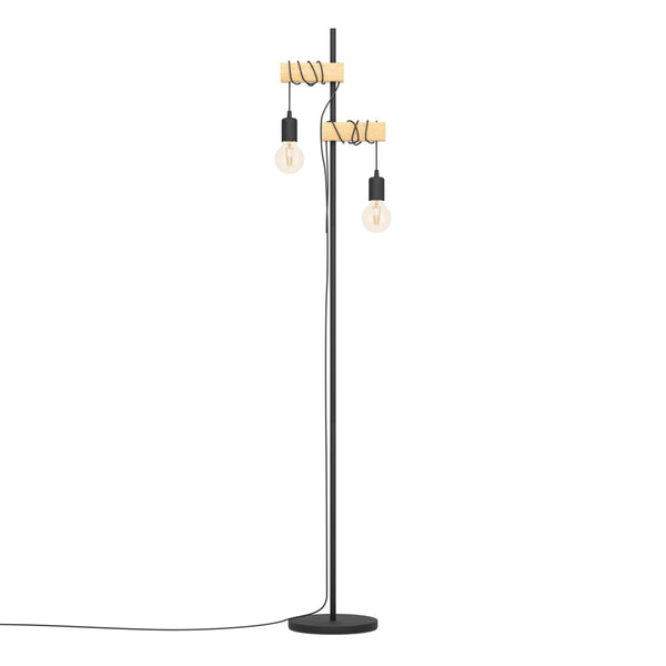 Black Metal & Natural Wooden Floor Lamp with Two Bulb