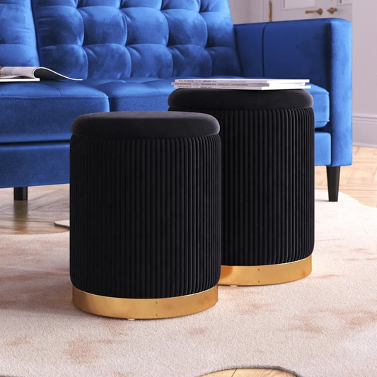 Black Velvet Round Storage Ottoman with Storage Set of 2