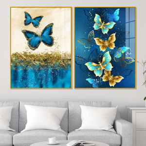 Blue and Golden Butterflies Acrylic Floating Wall Painting Set of 2