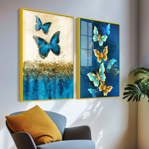 Blue and Golden Butterflies Acrylic Floating Wall Painting Set of 2