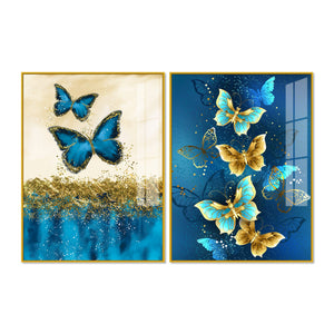 Blue and Golden Butterflies Acrylic Floating Wall Painting Set of 2