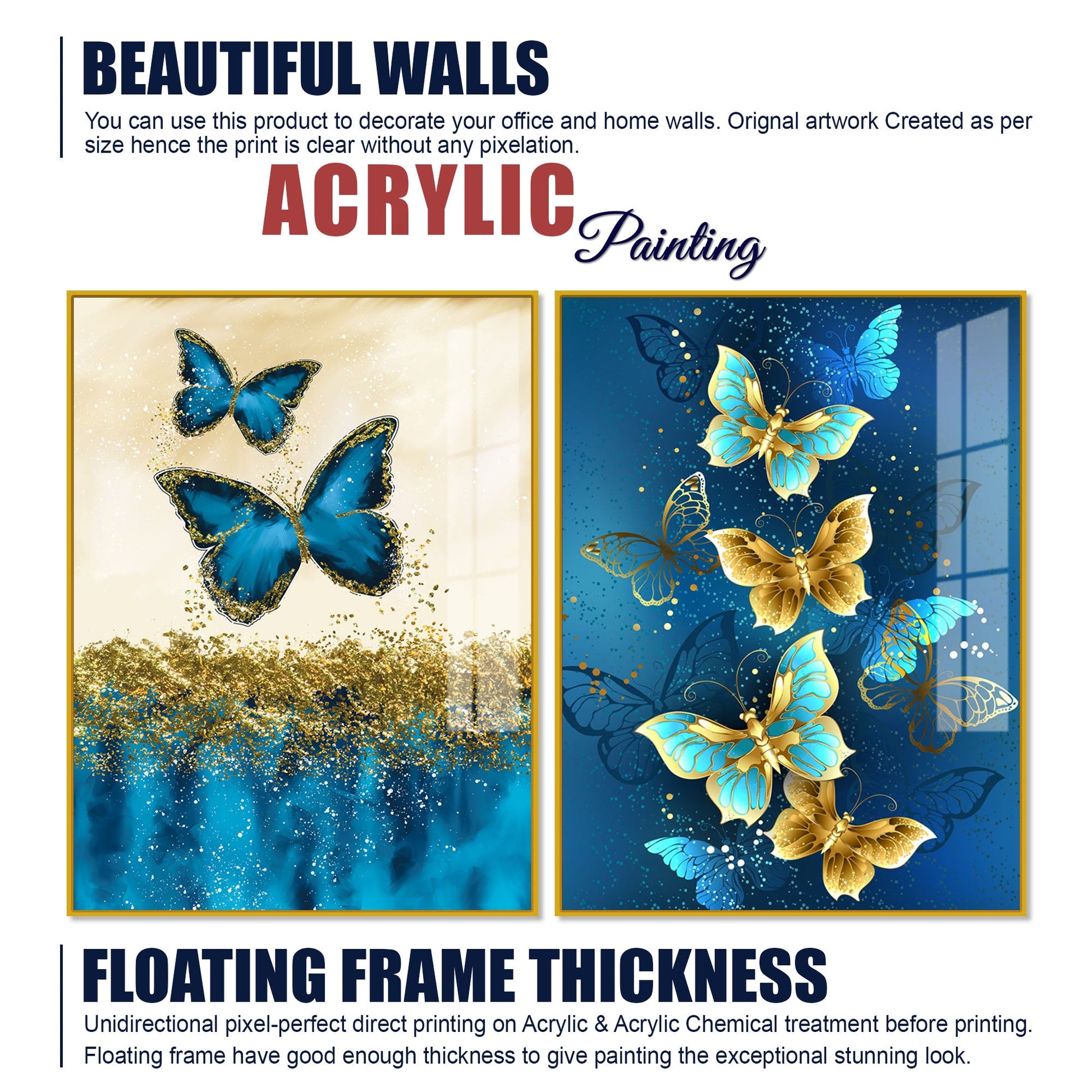 Blue and Golden Butterflies Acrylic Floating Wall Painting Set of 2