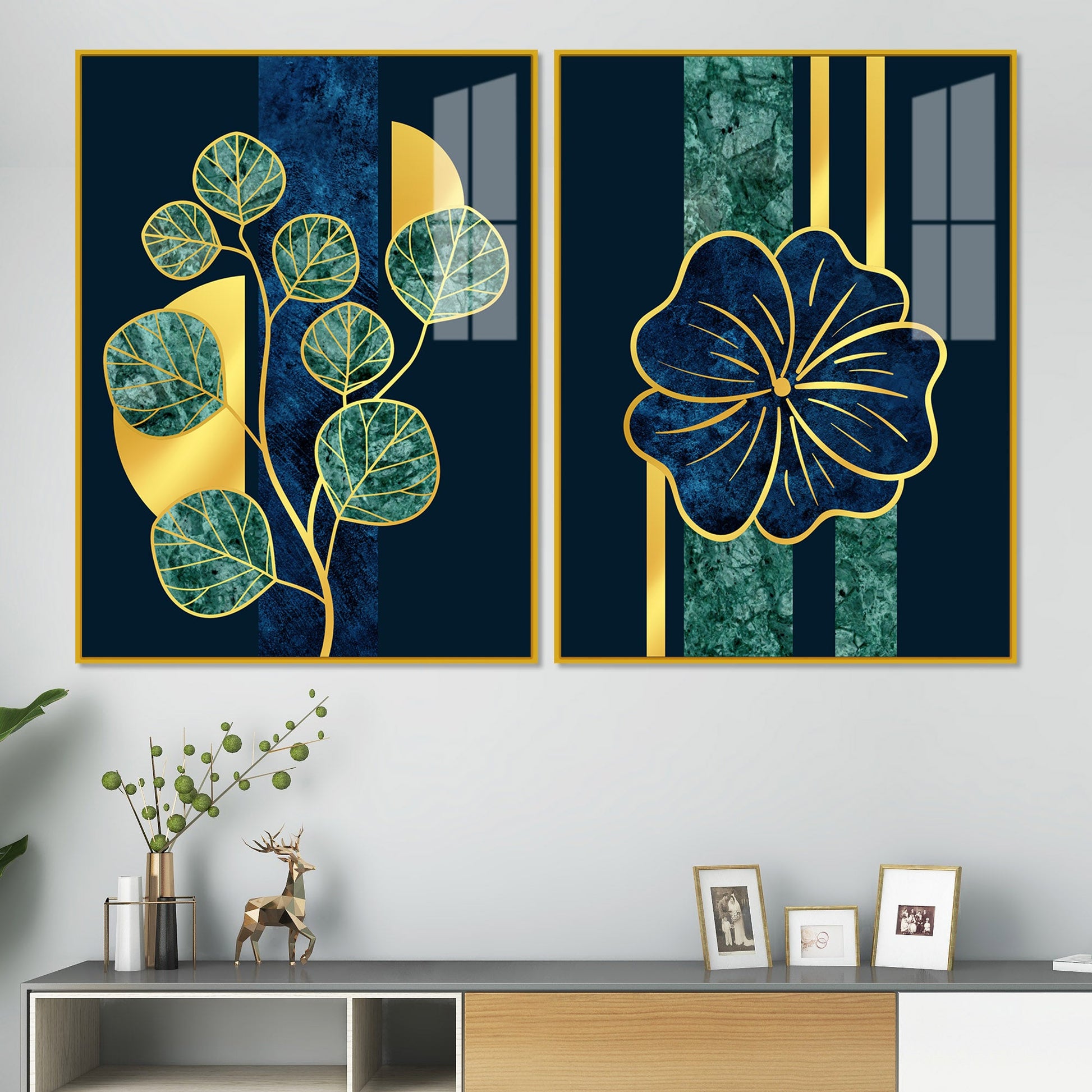 Blue Flower and Green Plant Acrylic Floating Wall Painting Set of 2