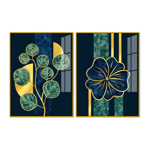 Blue Flower and Green Plant Acrylic Floating Wall Painting Set of 2