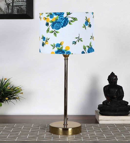 Blue Flower Art Traditional Bedside Table Lamp with Golden Finish Base