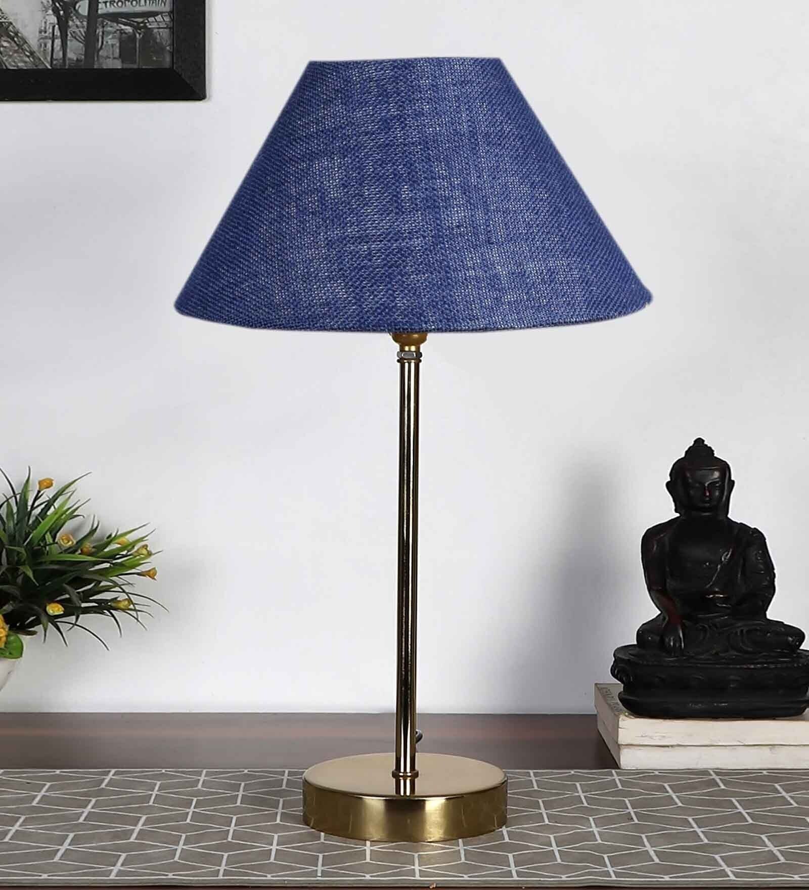 Blue Solid Traditional Bedside Table Lamp with Golden Finish Base