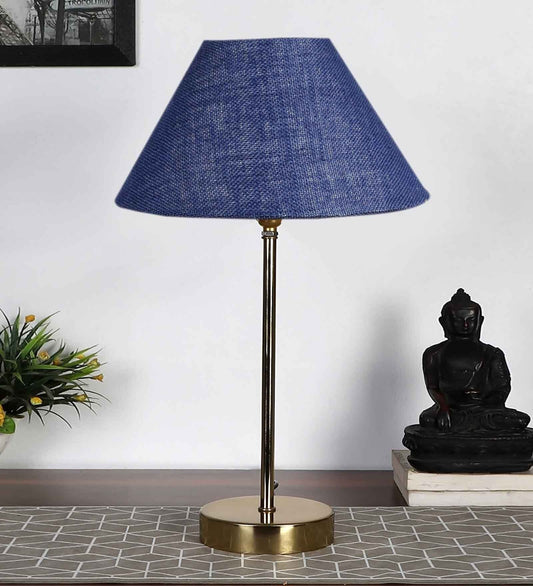 Blue Solid Traditional Bedside Table Lamp with Golden Finish Base